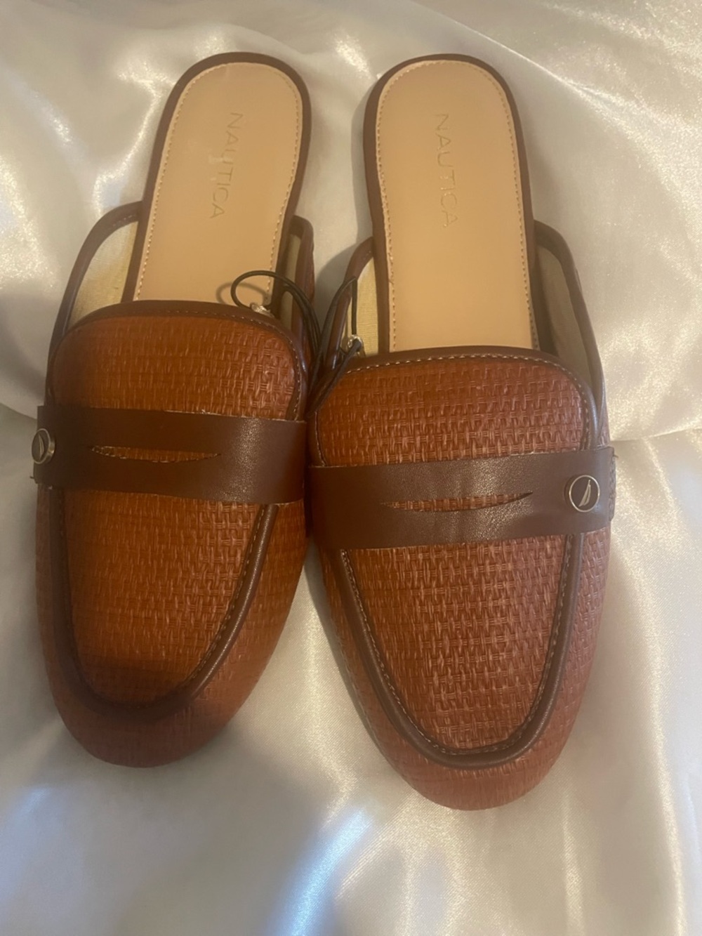 Nautica Women's Cognac Brown Woven Slip-On Mules